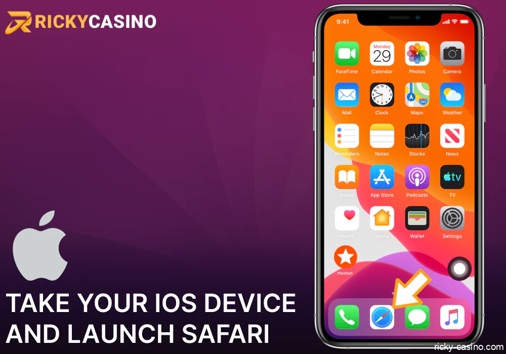 Take your iOS device and launch Safari to access the Ricky Casino website
